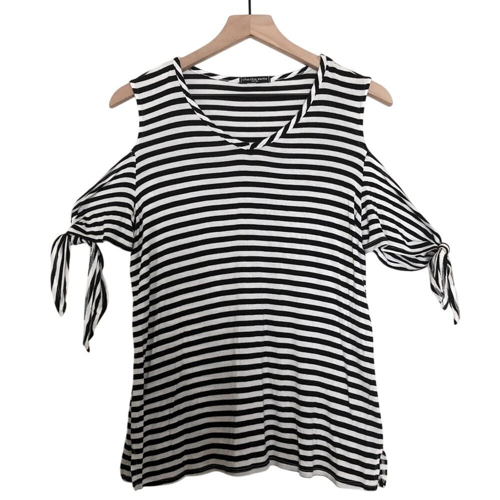❤️5/$25 SALE Cha Cha Vente Black White Striped Open Tie Sleeve Shirt Blouse Top